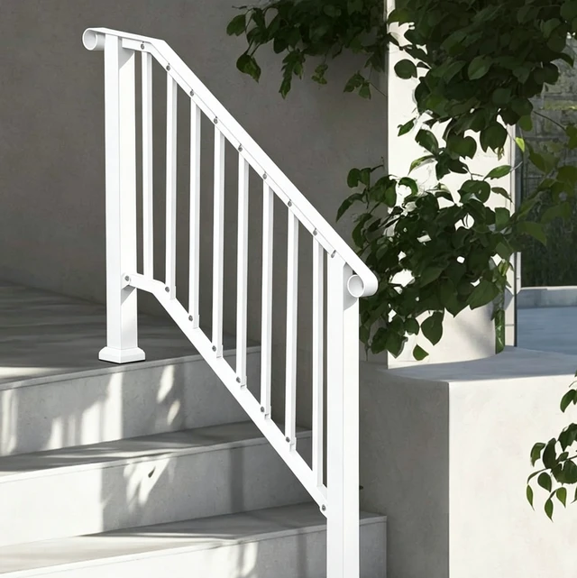 Alt view image 3 of 7 - 3-4 Steps Stair Handrail, Indoor Outdoor White Carbon Steel Porch Railing, Complete Hand Rail Kit for Concrete & Wood Steps