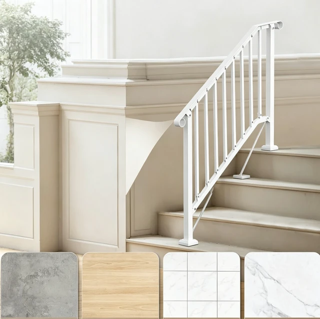 Alt view image 5 of 7 - 3-4 Steps Stair Handrail, Indoor Outdoor White Carbon Steel Porch Railing, Complete Hand Rail Kit for Concrete & Wood Steps
