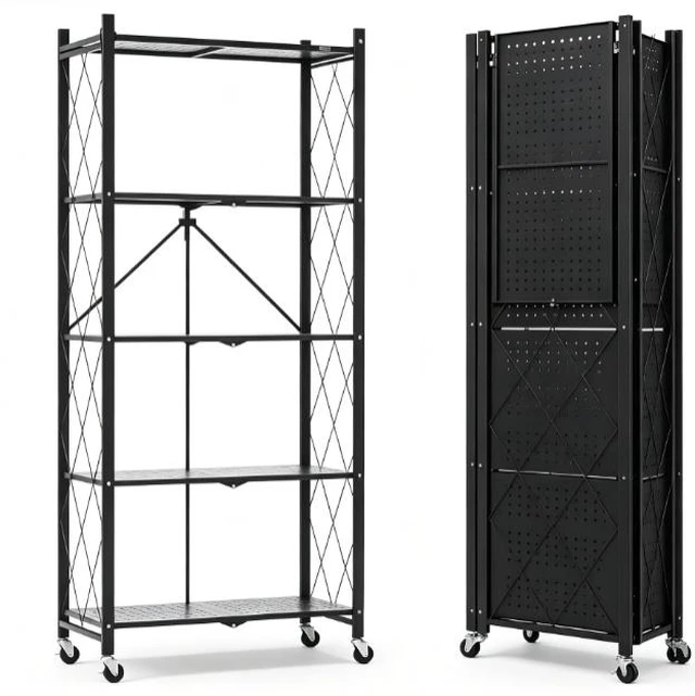 Main image of 5-Tier Foldable Metal Storage Rack with Lockable Wheels, No Assembly Rolling Storage Shelving Unit, Heavy Duty Organizer for Kitchen, Garage, Pantry & Office
