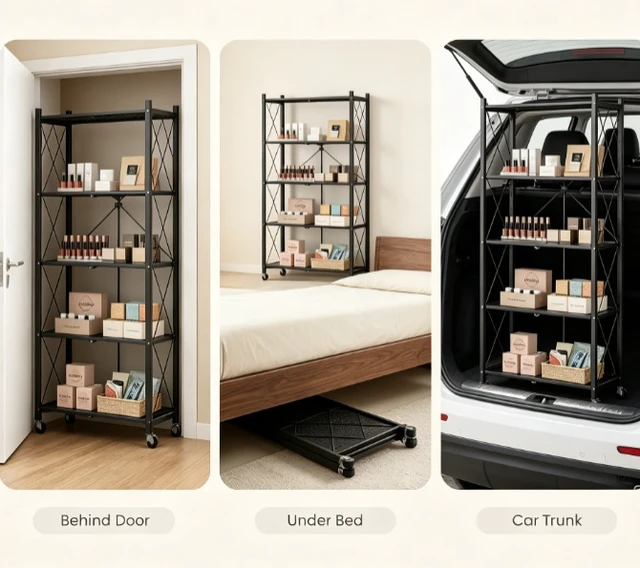 Alt view image 3 of 7 - 5-Tier Foldable Metal Storage Rack with Lockable Wheels, No Assembly Rolling Storage Shelving Unit, Heavy Duty Organizer for Kitchen, Garage, Pantry & Office