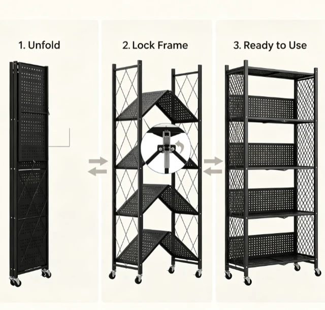 Alt view image 2 of 7 - 5-Tier Foldable Metal Storage Rack with Lockable Wheels, No Assembly Rolling Storage Shelving Unit, Heavy Duty Organizer for Kitchen, Garage, Pantry & Office