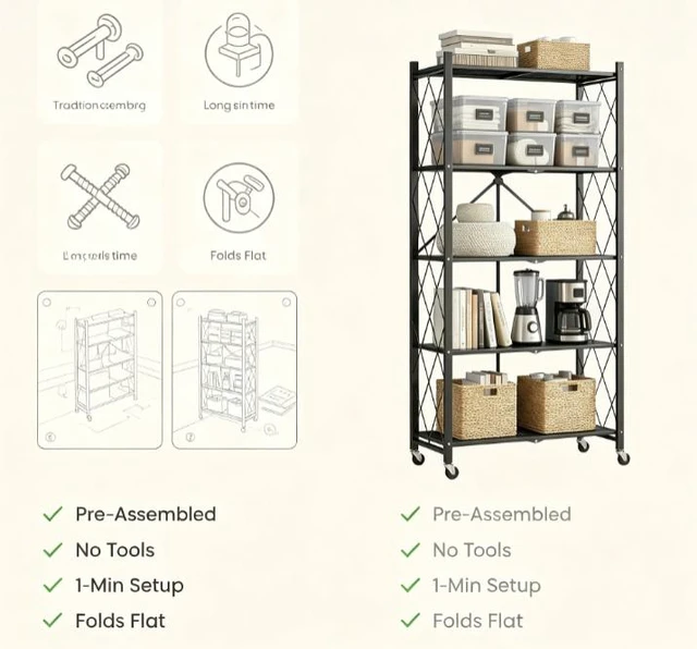 Alt view image 5 of 7 - 5-Tier Foldable Metal Storage Rack with Lockable Wheels, No Assembly Rolling Storage Shelving Unit, Heavy Duty Organizer for Kitchen, Garage, Pantry & Office