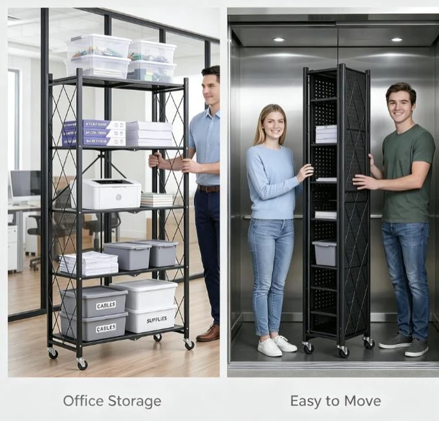 Alt view image 4 of 7 - 5-Tier Foldable Metal Storage Rack with Lockable Wheels, No Assembly Rolling Storage Shelving Unit, Heavy Duty Organizer for Kitchen, Garage, Pantry & Office