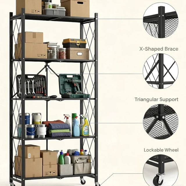 Alt view image 6 of 7 - 5-Tier Foldable Metal Storage Rack with Lockable Wheels, No Assembly Rolling Storage Shelving Unit, Heavy Duty Organizer for Kitchen, Garage, Pantry & Office