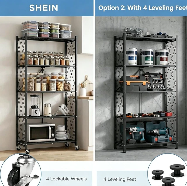 Alt view image 7 of 7 - 5-Tier Foldable Metal Storage Rack with Lockable Wheels, No Assembly Rolling Storage Shelving Unit, Heavy Duty Organizer for Kitchen, Garage, Pantry & Office