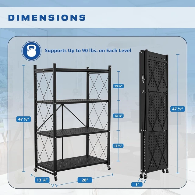 Alt view image 2 of 6 - 4-Tier Foldable Metal Storage Shelving Unit with Lockable Wheels, No Assembly Required, 90 lbs Per Tier, Black Rolling Organizer Rack for Kitchen, Pantry, Garage, Living Room