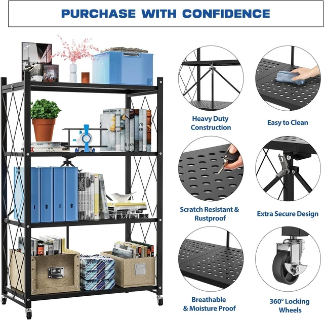 Alt view image 3 of 6 - 4-Tier Foldable Metal Storage Shelving Unit with Lockable Wheels, No Assembly Required, 90 lbs Per Tier, Black Rolling Organizer Rack for Kitchen, Pantry, Garage, Living Room
