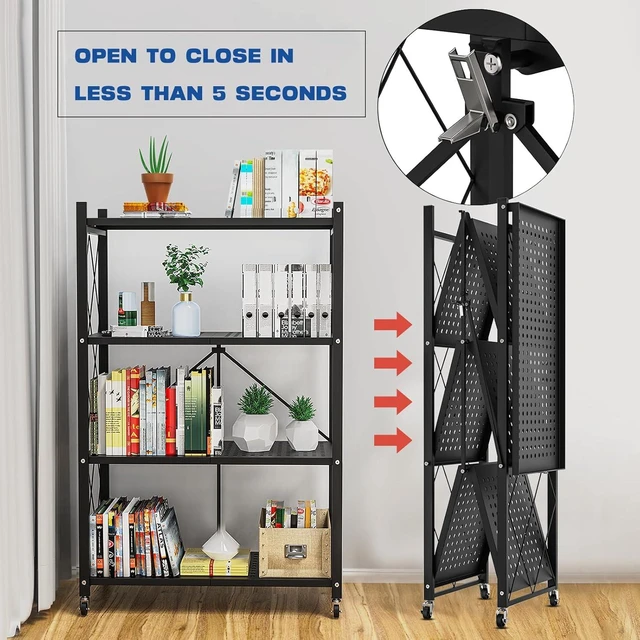 Alt view image 6 of 6 - 4-Tier Foldable Metal Storage Shelving Unit with Lockable Wheels, No Assembly Required, 90 lbs Per Tier, Black Rolling Organizer Rack for Kitchen, Pantry, Garage, Living Room