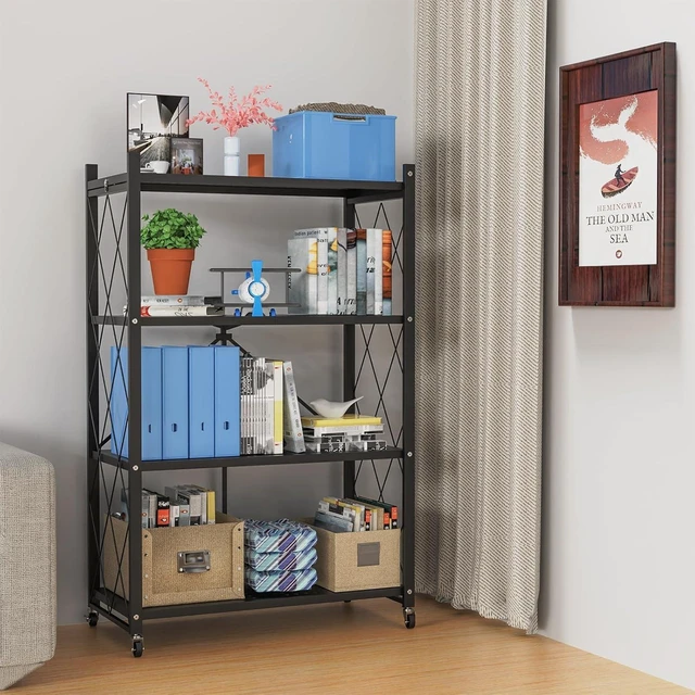 Alt view image 5 of 6 - 4-Tier Foldable Metal Storage Shelving Unit with Lockable Wheels, No Assembly Required, 90 lbs Per Tier, Black Rolling Organizer Rack for Kitchen, Pantry, Garage, Living Room