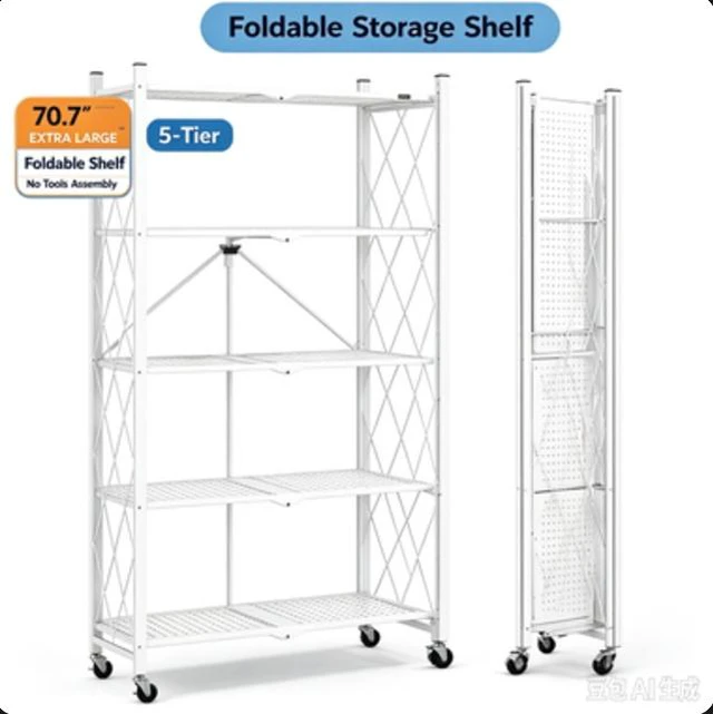 Main image of 70.7" 5-Tier Foldable Metal Storage Shelf, No-Tool Quick Setup Rolling Rack with Wheels & Leveling Feet, Dual Mode Organizer for Kitchen Pantry Garage Bedroom, White