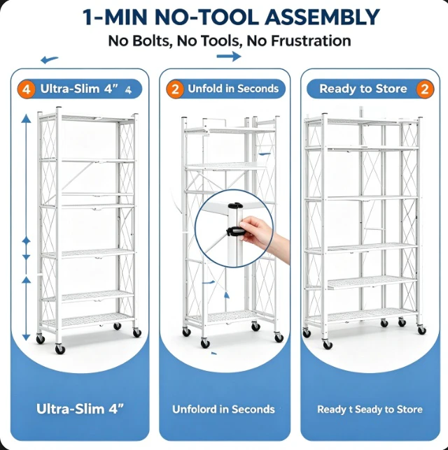 Alt view image 2 of 7 - 70.7" 5-Tier Foldable Metal Storage Shelf, No-Tool Quick Setup Rolling Rack with Wheels & Leveling Feet, Dual Mode Organizer for Kitchen Pantry Garage Bedroom, White