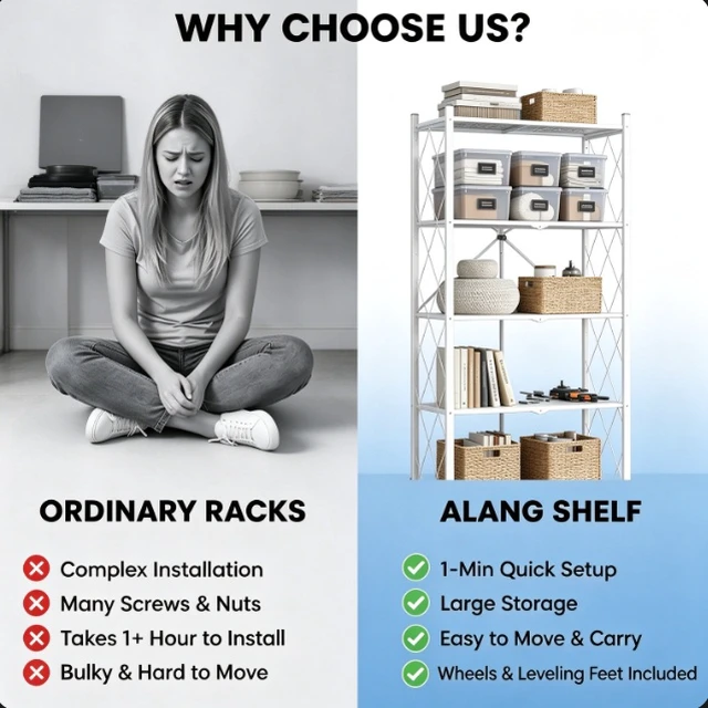 Alt view image 7 of 7 - 70.7" 5-Tier Foldable Metal Storage Shelf, No-Tool Quick Setup Rolling Rack with Wheels & Leveling Feet, Dual Mode Organizer for Kitchen Pantry Garage Bedroom, White