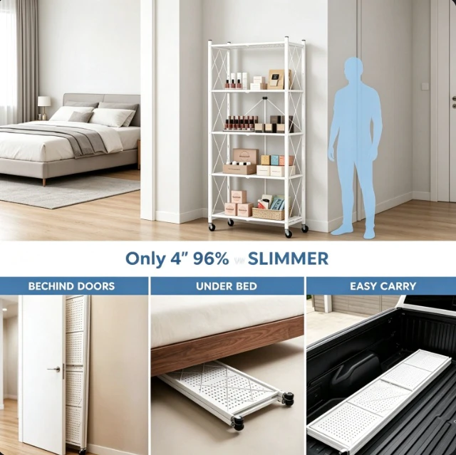 Alt view image 6 of 7 - 70.7" 5-Tier Foldable Metal Storage Shelf, No-Tool Quick Setup Rolling Rack with Wheels & Leveling Feet, Dual Mode Organizer for Kitchen Pantry Garage Bedroom, White