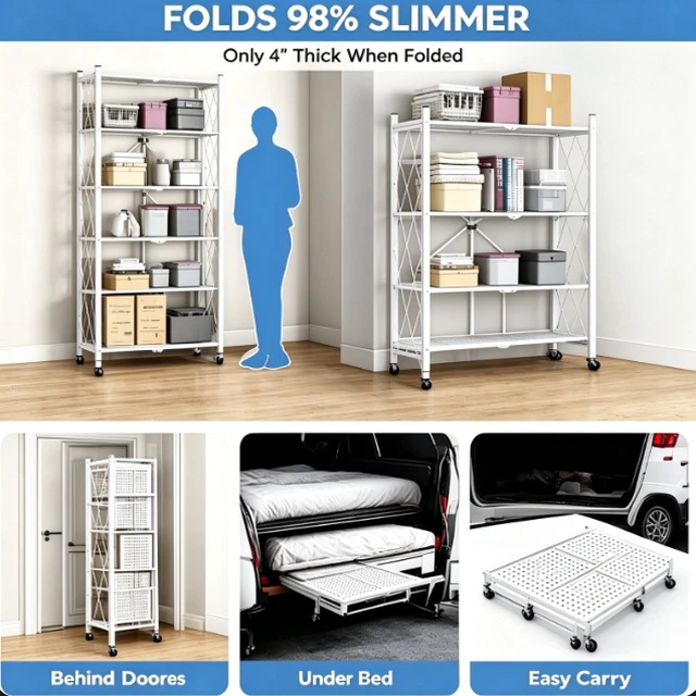 Alt view image 3 of 7 - 70.7" 5-Tier Foldable Metal Storage Shelf, No-Tool Quick Setup Rolling Rack with Wheels & Leveling Feet, Dual Mode Organizer for Kitchen Pantry Garage Bedroom, White