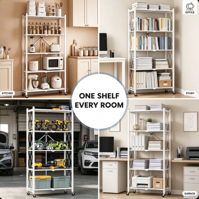 Alt view image 5 of 7 - 70.7" 5-Tier Foldable Metal Storage Shelf, No-Tool Quick Setup Rolling Rack with Wheels & Leveling Feet, Dual Mode Organizer for Kitchen Pantry Garage Bedroom, White