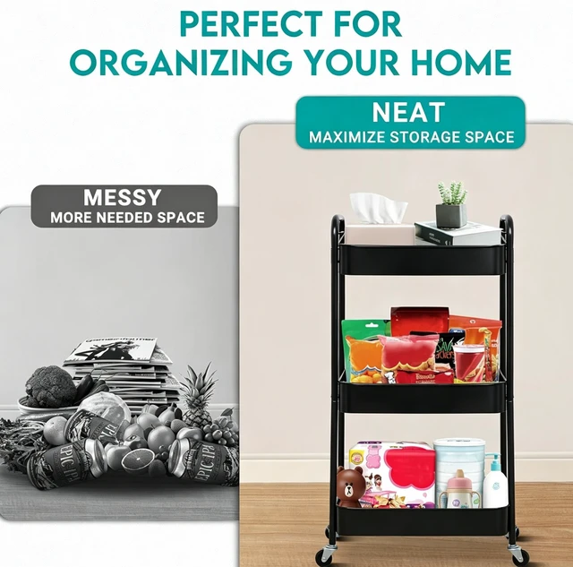 Alt view image 4 of 6 - 3-Tier Rolling Storage Cart, Metal Mesh Utility Cart with Lockable Wheels & 4 Hooks, Mobile Organizer Shelving Unit for Kitchen, Bathroom, Office, Nursery, Black