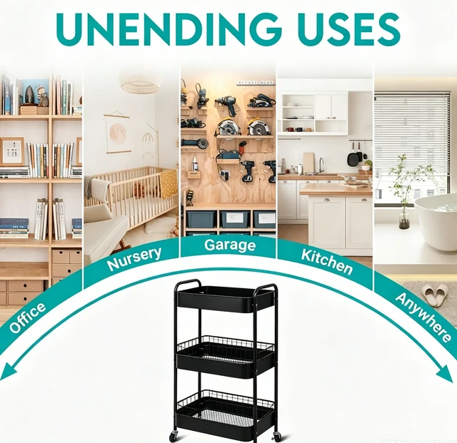 Alt view image 6 of 6 - 3-Tier Rolling Storage Cart, Metal Mesh Utility Cart with Lockable Wheels & 4 Hooks, Mobile Organizer Shelving Unit for Kitchen, Bathroom, Office, Nursery, Black