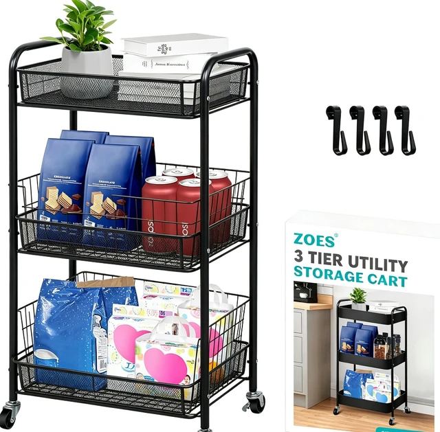 Alt view image 3 of 6 - 3-Tier Rolling Storage Cart, Metal Mesh Utility Cart with Lockable Wheels & 4 Hooks, Mobile Organizer Shelving Unit for Kitchen, Bathroom, Office, Nursery, Black