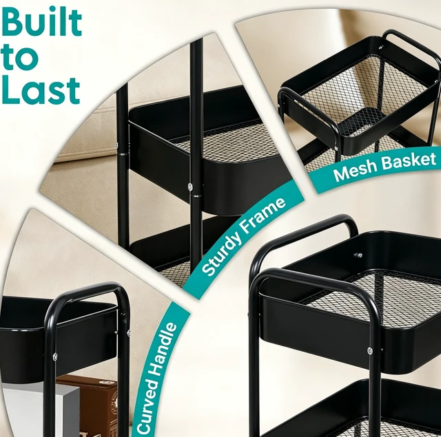 Alt view image 2 of 6 - 3-Tier Rolling Storage Cart, Metal Mesh Utility Cart with Lockable Wheels & 4 Hooks, Mobile Organizer Shelving Unit for Kitchen, Bathroom, Office, Nursery, Black