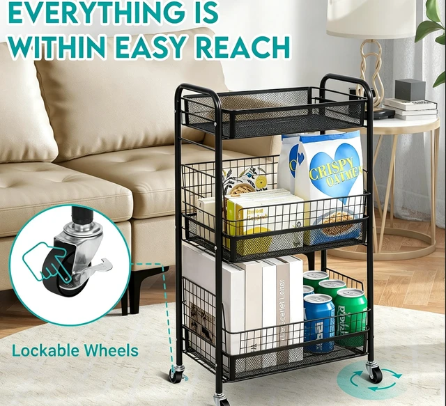 Alt view image 5 of 6 - 3-Tier Rolling Storage Cart, Metal Mesh Utility Cart with Lockable Wheels & 4 Hooks, Mobile Organizer Shelving Unit for Kitchen, Bathroom, Office, Nursery, Black