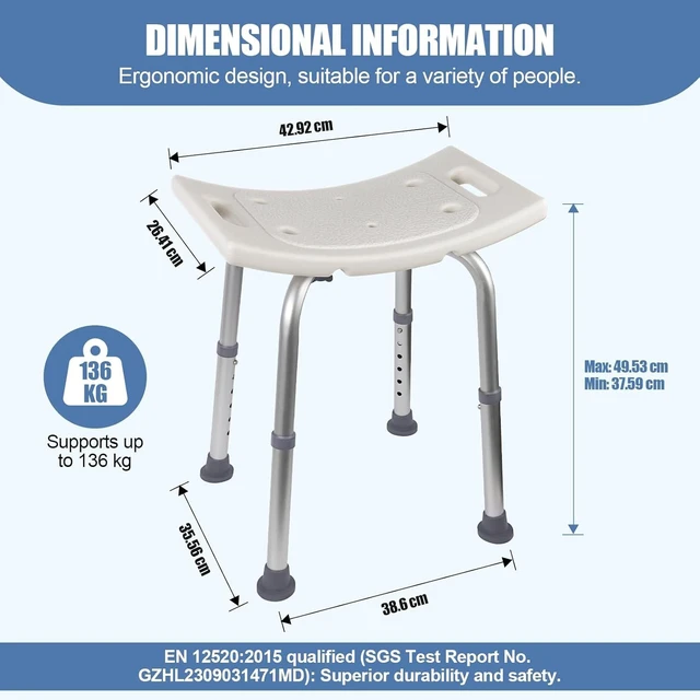 Alt view image 3 of 7 - Adjustable Shower Stool, Heavy Duty Aluminum Bath Chair with 6 Height Settings, Non-Slip Shower Seat for Elderly, Seniors, Pregnant Women, Disabled, Supports up to 300 lbs