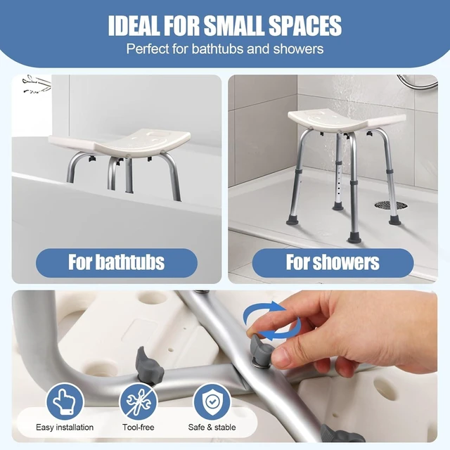 Alt view image 6 of 7 - Adjustable Shower Stool, Heavy Duty Aluminum Bath Chair with 6 Height Settings, Non-Slip Shower Seat for Elderly, Seniors, Pregnant Women, Disabled, Supports up to 300 lbs