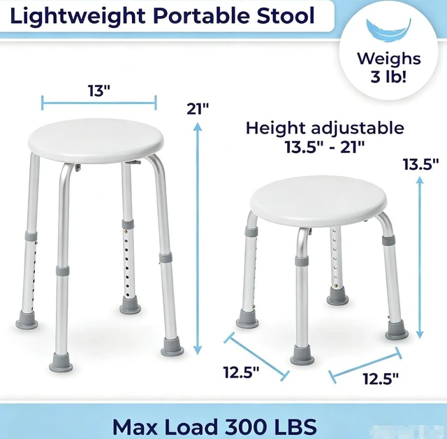 Alt view image 4 of 7 - Adjustable Height Round Shower Stool, Aluminum Alloy Non-Slip Bath Seat, 300 lbs Capacity Lightweight Shower Chair for Elderly, Seniors, Pregnant Women, Handicap, Tool-Free Assembly