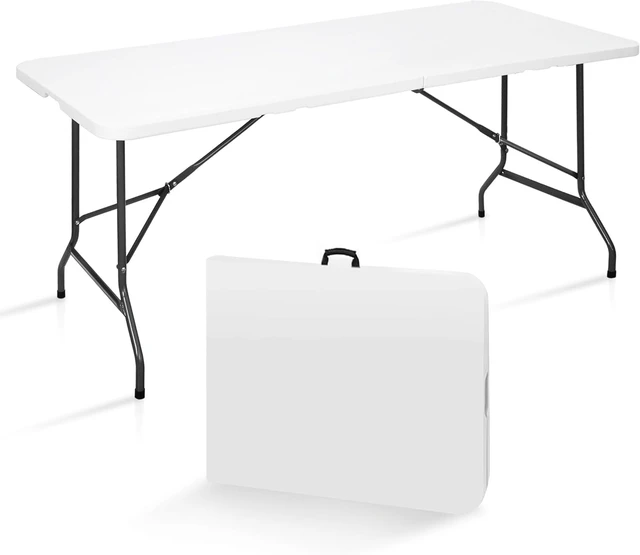 Alt view image 5 of 7 - 6FT Heavy Duty Plastic Folding Table, Portable Fold-in-Half Dining Table with Carry Handle, Indoor & Outdoor Table for Party, Banquet, Picnic, Camping