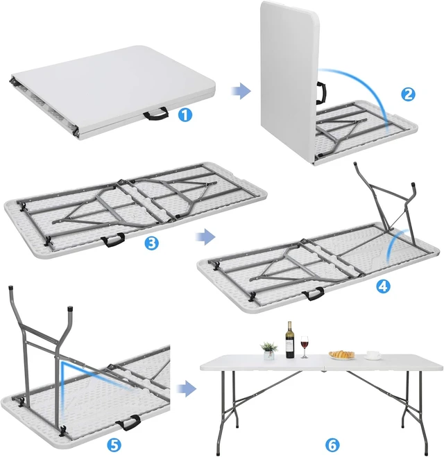 Alt view image 2 of 7 - 6FT Heavy Duty Plastic Folding Table, Portable Fold-in-Half Dining Table with Carry Handle, Indoor & Outdoor Table for Party, Banquet, Picnic, Camping