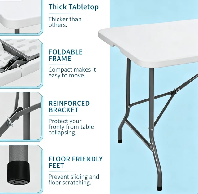 Alt view image 6 of 7 - 6FT Heavy Duty Plastic Folding Table, Portable Fold-in-Half Dining Table with Carry Handle, Indoor & Outdoor Table for Party, Banquet, Picnic, Camping