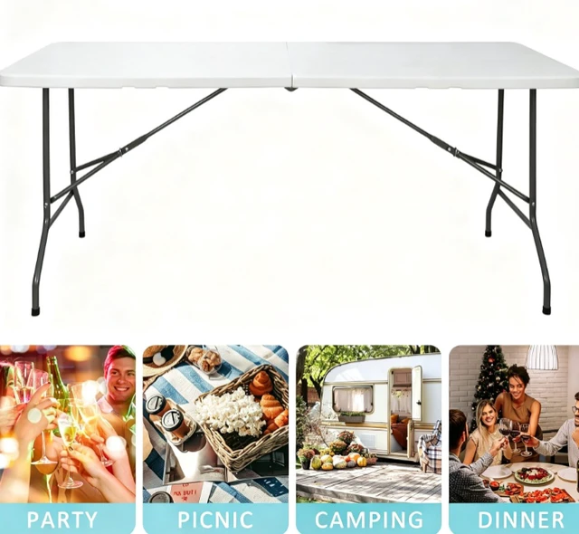 Alt view image 7 of 7 - 6FT Heavy Duty Plastic Folding Table, Portable Fold-in-Half Dining Table with Carry Handle, Indoor & Outdoor Table for Party, Banquet, Picnic, Camping
