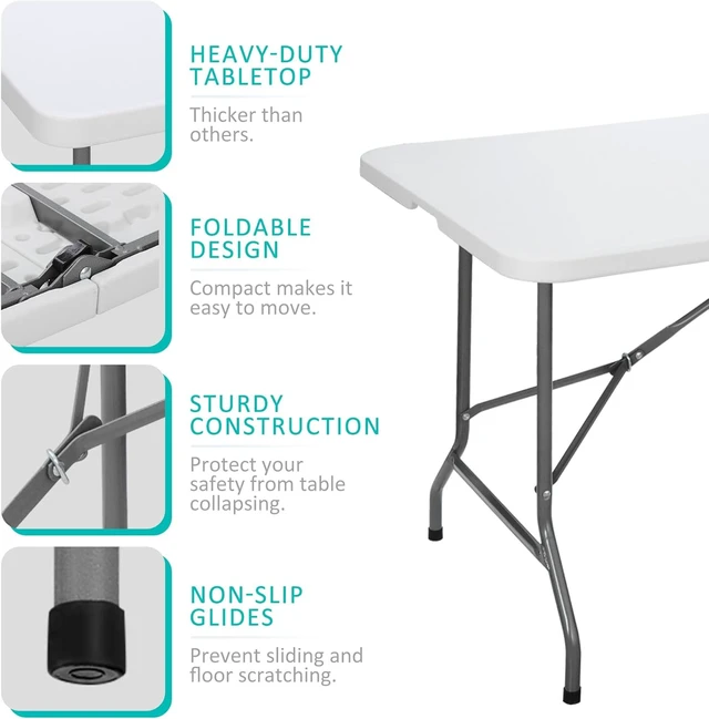 Alt view image 6 of 6 - 6FT Heavy Duty Plastic Folding Table, Portable Fold-in-Half Dining Table with Carry Handle, Indoor & Outdoor Table for Party, Banquet, Picnic, Camping