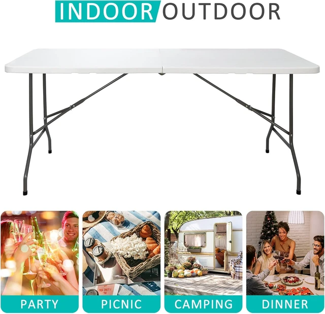 Alt view image 4 of 6 - 6FT Heavy Duty Plastic Folding Table, Portable Fold-in-Half Dining Table with Carry Handle, Indoor & Outdoor Table for Party, Banquet, Picnic, Camping