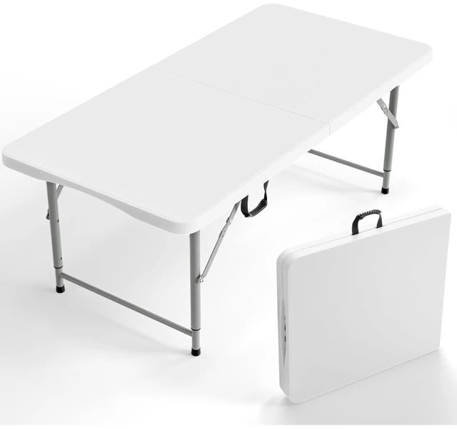 Main image of 48 Inch Fold-in-Half Plastic Folding Table, 3 Adjustable Heights Heavy Duty Portable Table with Carry Handle, White, Indoor Outdoor Dining Picnic Camping Trade Show