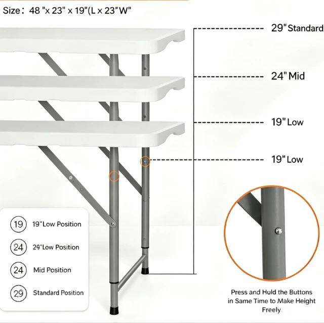Alt view image 5 of 7 - 48 Inch Fold-in-Half Plastic Folding Table, 3 Adjustable Heights Heavy Duty Portable Table with Carry Handle, White, Indoor Outdoor Dining Picnic Camping Trade Show