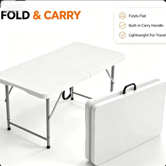 Alt view image 3 of 7 - 48 Inch Fold-in-Half Plastic Folding Table, 3 Adjustable Heights Heavy Duty Portable Table with Carry Handle, White, Indoor Outdoor Dining Picnic Camping Trade Show