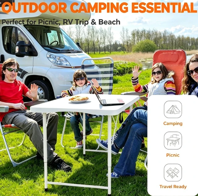 Alt view image 2 of 7 - 48 Inch Fold-in-Half Plastic Folding Table, 3 Adjustable Heights Heavy Duty Portable Table with Carry Handle, White, Indoor Outdoor Dining Picnic Camping Trade Show