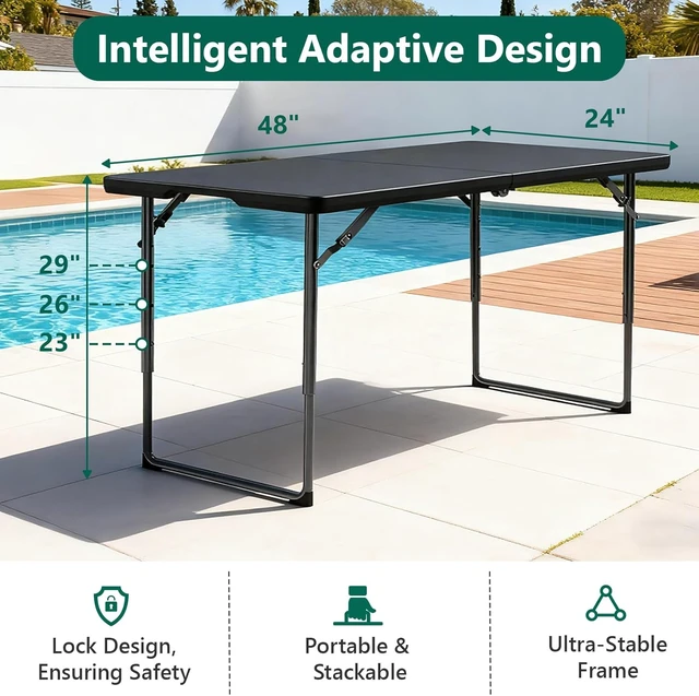 Alt view image 4 of 7 - 48 Inch Fold-in-Half Folding Table, 3 Adjustable Heights, Heavy Duty Plastic Portable Table for Indoor Outdoor, Black