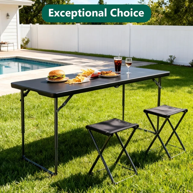 Alt view image 6 of 7 - 48 Inch Fold-in-Half Folding Table, 3 Adjustable Heights, Heavy Duty Plastic Portable Table for Indoor Outdoor, Black