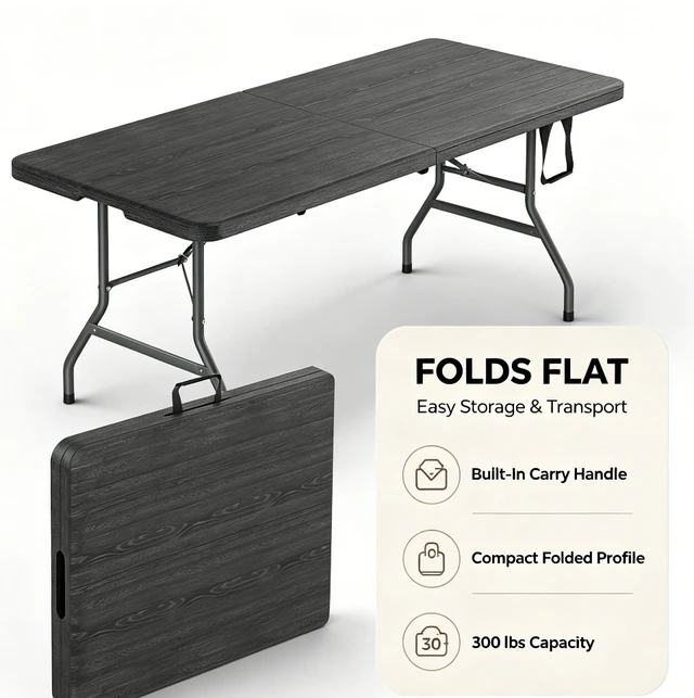Main image of 48 inch Wood Grain Fold-in-Half Folding Table, 3 Adjustable Heights, Heavy Duty Portable Table with Carry Handle, 300 lbs Capacity, Indoor & Outdoor Use