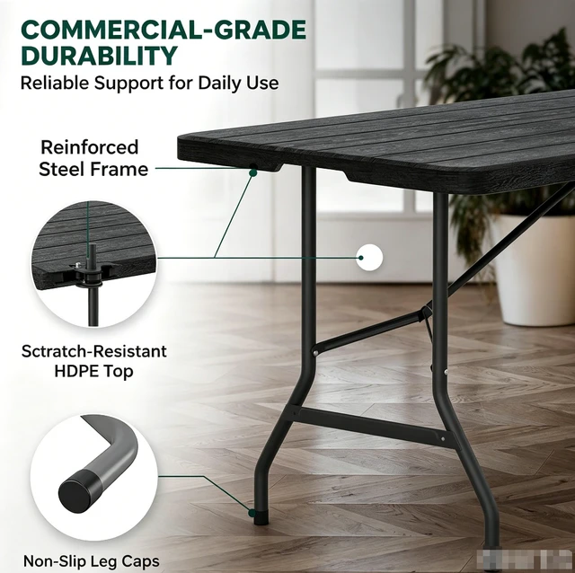Alt view image 2 of 6 - 48 inch Wood Grain Fold-in-Half Folding Table, 3 Adjustable Heights, Heavy Duty Portable Table with Carry Handle, 300 lbs Capacity, Indoor & Outdoor Use