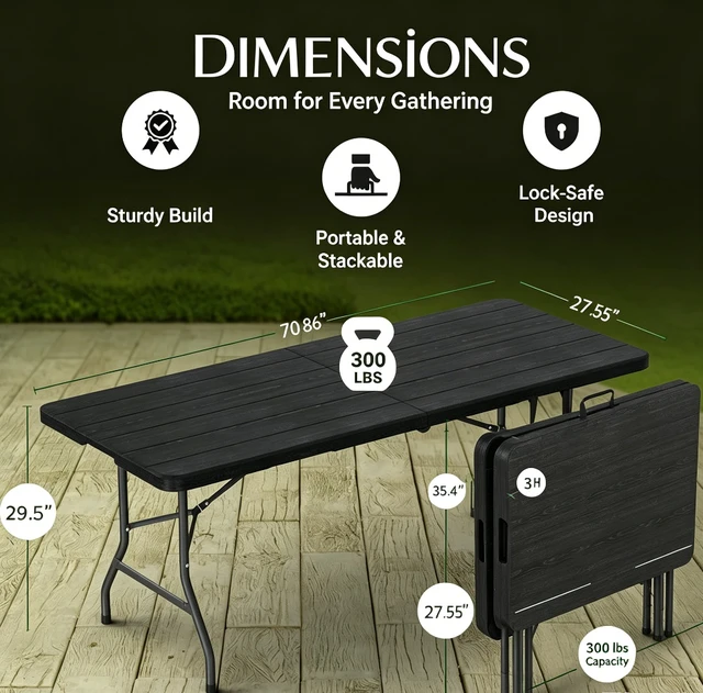 Alt view image 3 of 6 - 48 inch Wood Grain Fold-in-Half Folding Table, 3 Adjustable Heights, Heavy Duty Portable Table with Carry Handle, 300 lbs Capacity, Indoor & Outdoor Use