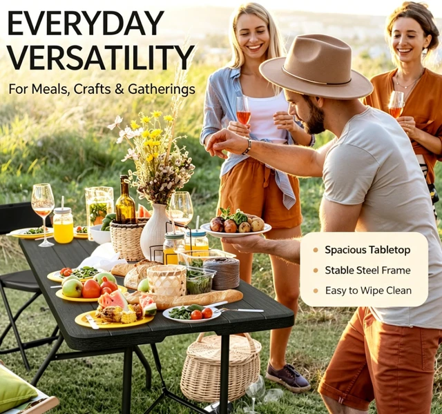Alt view image 5 of 6 - 48 inch Wood Grain Fold-in-Half Folding Table, 3 Adjustable Heights, Heavy Duty Portable Table with Carry Handle, 300 lbs Capacity, Indoor & Outdoor Use