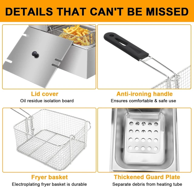 Alt view image 5 of 7 - Commercial Electric Deep Fryer, 11.4QT Stainless Steel Single Tank Deep Fryer with Basket & Lid, 2500W Countertop Fryer for Restaurant Home Use, 110V