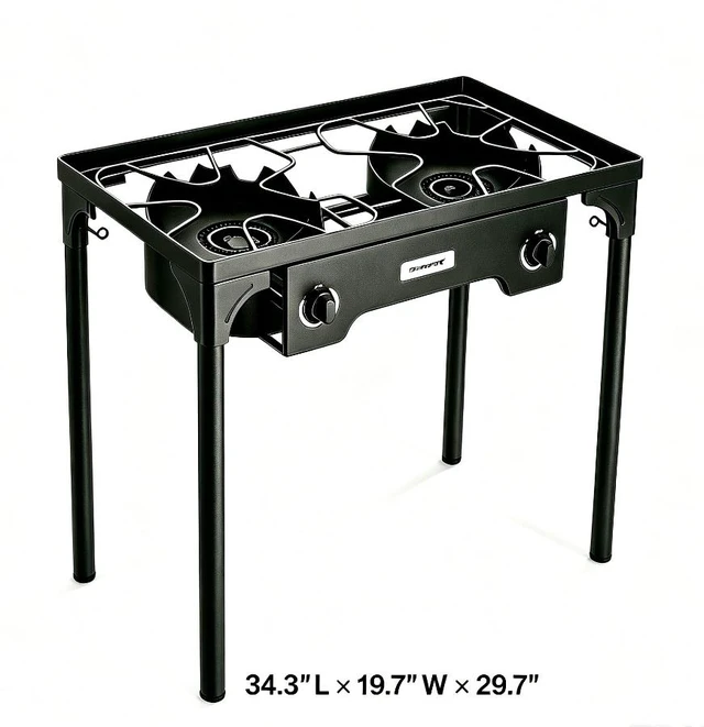 Alt view image 6 of 6 - 2 Burner Outdoor Propane Camping Stove, Freestanding Portable Gas Cooker with Wind Baffle, Control Knobs, Hose & Regulator for Camping Tailgating Backyard