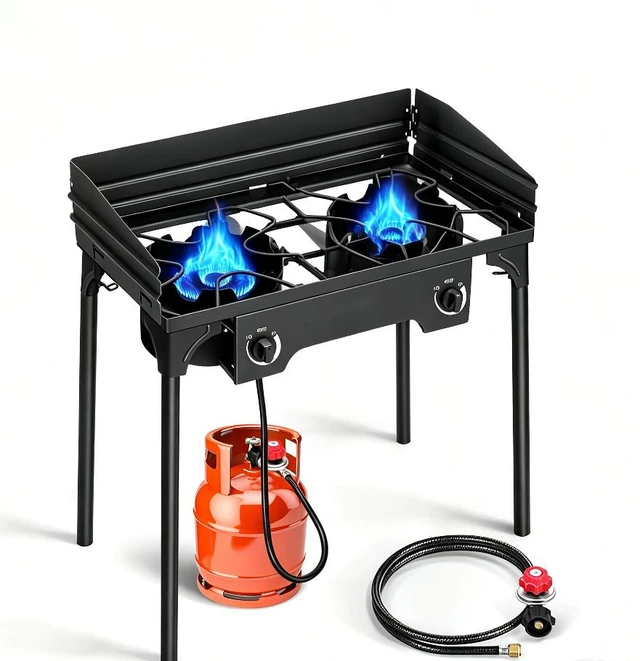 Main image of 2 Burner Outdoor Propane Camping Stove, Freestanding Portable Gas Cooker with Wind Baffle, Control Knobs, Hose & Regulator for Camping Tailgating Backyard