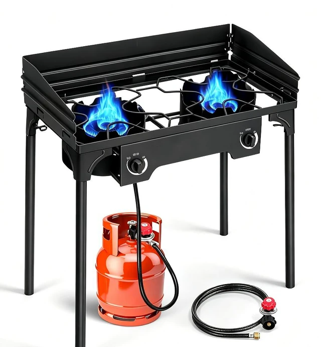Alt view image 4 of 6 - 2 Burner Outdoor Propane Camping Stove, Freestanding Portable Gas Cooker with Wind Baffle, Control Knobs, Hose & Regulator for Camping Tailgating Backyard