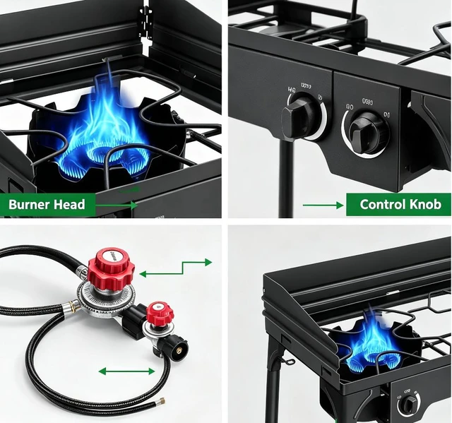 Alt view image 3 of 6 - 2 Burner Outdoor Propane Camping Stove, Freestanding Portable Gas Cooker with Wind Baffle, Control Knobs, Hose & Regulator for Camping Tailgating Backyard