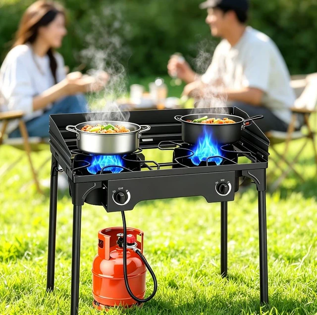 Alt view image 2 of 6 - 2 Burner Outdoor Propane Camping Stove, Freestanding Portable Gas Cooker with Wind Baffle, Control Knobs, Hose & Regulator for Camping Tailgating Backyard