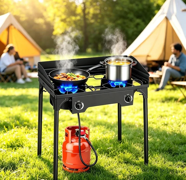 Alt view image 5 of 6 - 2 Burner Outdoor Propane Camping Stove, Freestanding Portable Gas Cooker with Wind Baffle, Control Knobs, Hose & Regulator for Camping Tailgating Backyard
